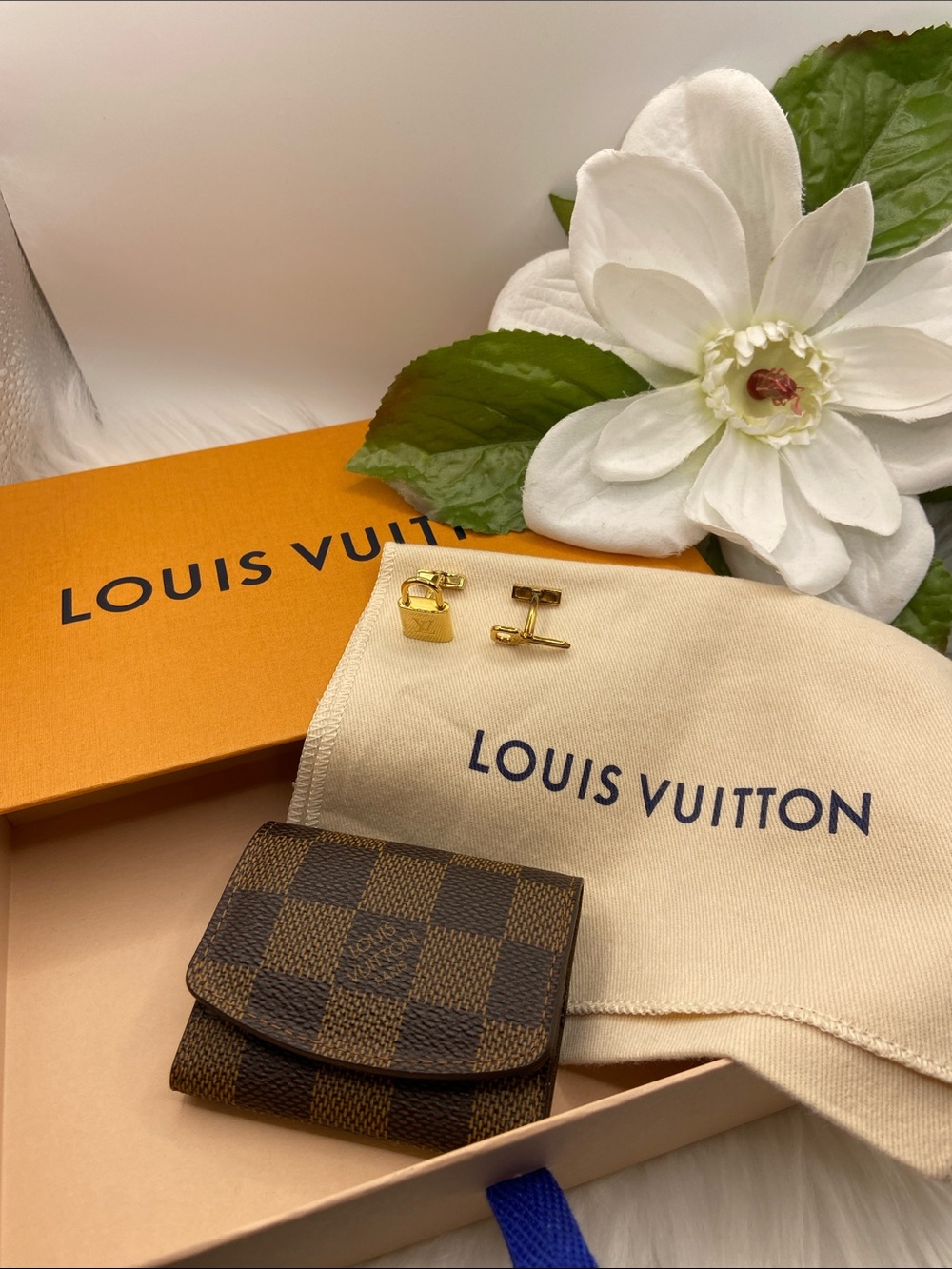 LOUIS VUITTON LOCK & KEY 925 AG Goldtone Cufflinks DAMIER EBENE CASE Box DUSTY